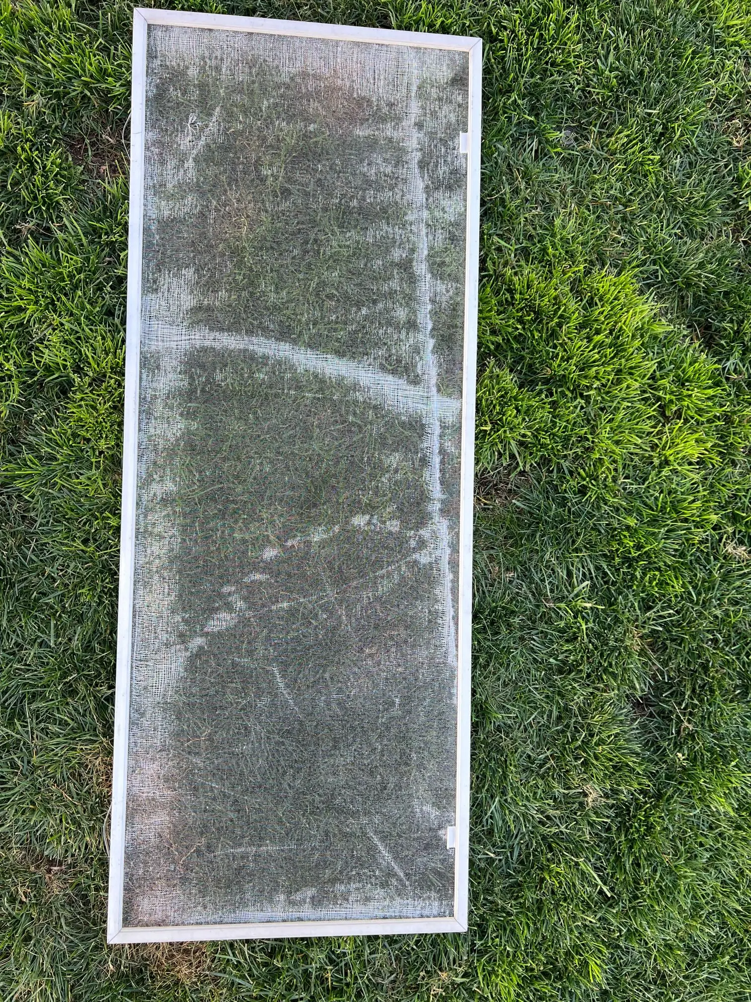Weathered window screen with frayed, sun-damaged mesh